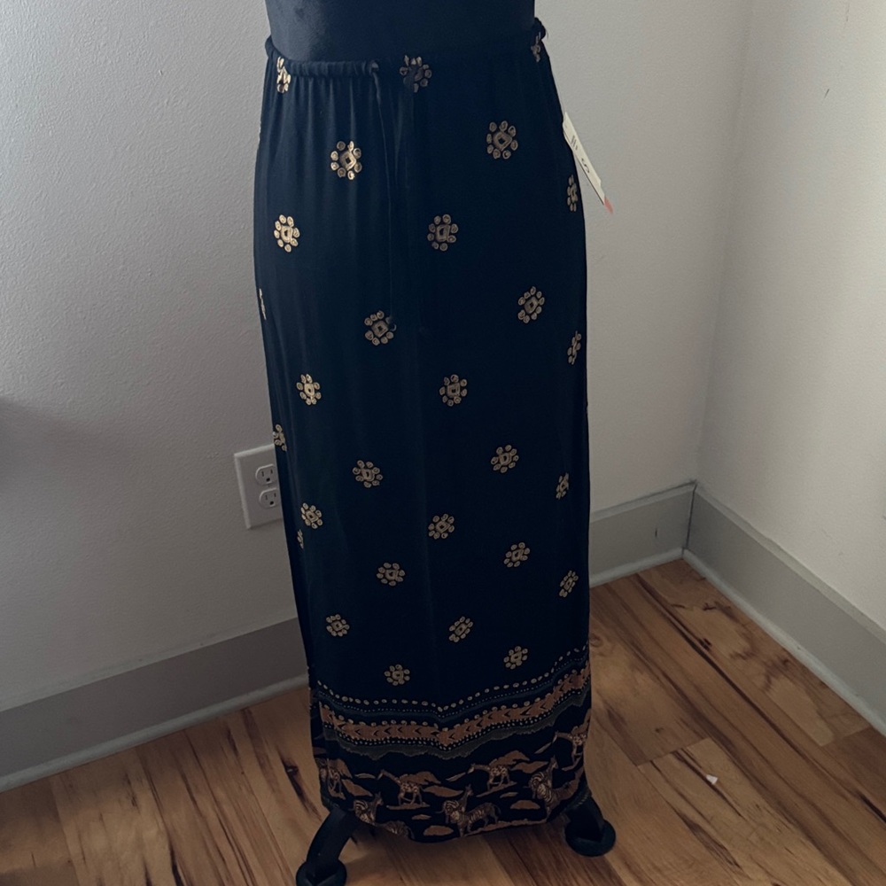 Notations Petites Black Gold safari print elastic waist Women's Maxi Skirt Sz PS